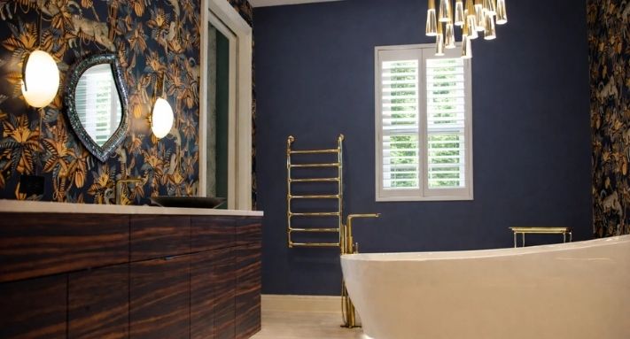 Freestanding soaking tub/double vanity in a high-end bathroom renovation by Palmhouse Design & Build, Jupiter, FL