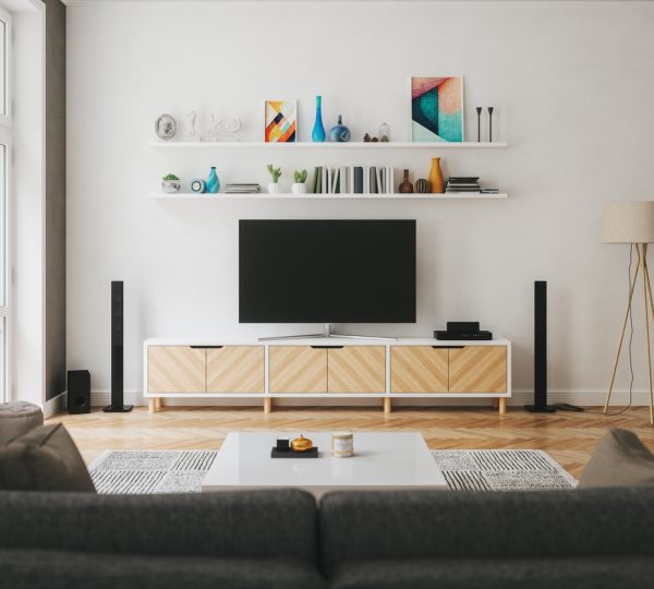 Cozy Scandinavian style living room with home entertainment center.