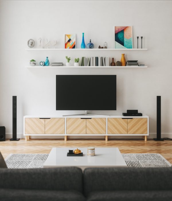 Cozy Scandinavian style living room with home entertainment center.